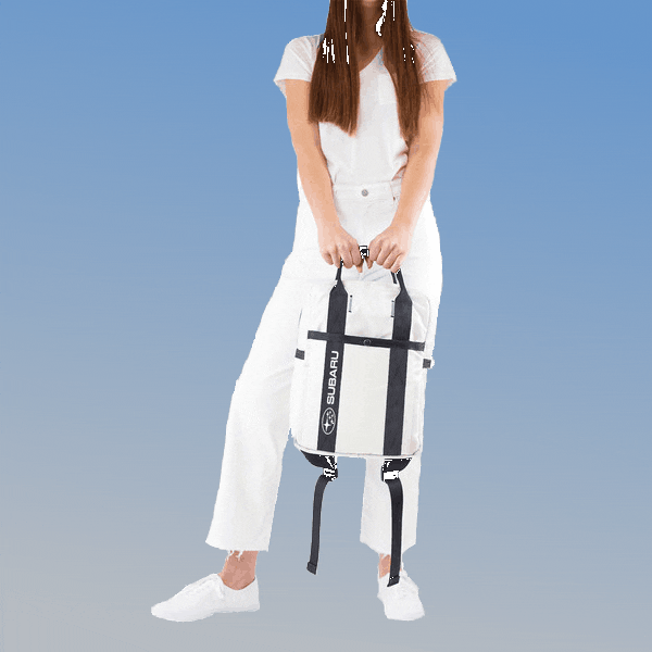 Slide show of three pictures: A woman in white holding the white and black Rewilder backpack, and then two detail photos of the front and rear of the backpack showing the airbag stitching and reused seatbelts.